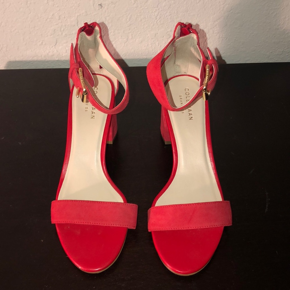 Red block heel strap heels